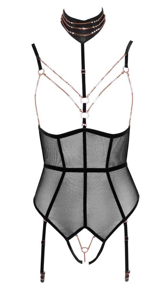 Body – ouvert, mit Strapsen, schwarz | Abierta Fina