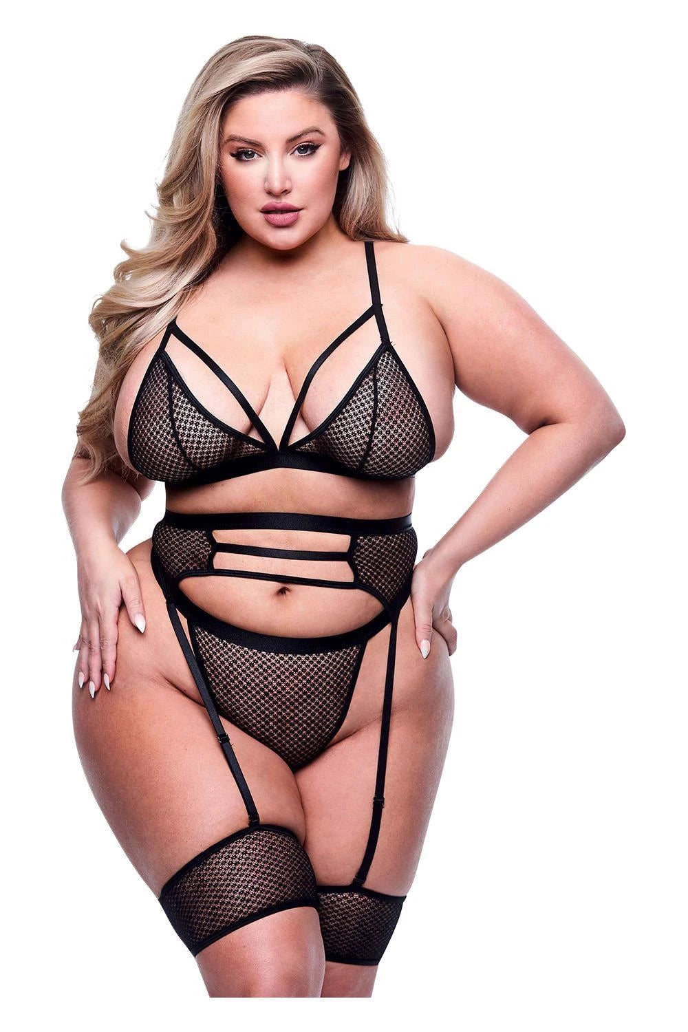ENSEMBLE 3 PIÈCES SOUTIEN-GORGE À BRETELLES, JARRETELLES ET CULOTTE NOIR, GRANDE TAILLE