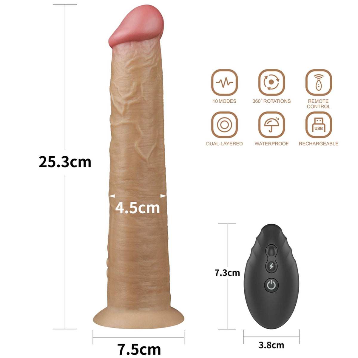 Realistic vibrator Platinum Rotator 10 functions – remote control, rechargeable, nude 25.3 cm | Lovetoy