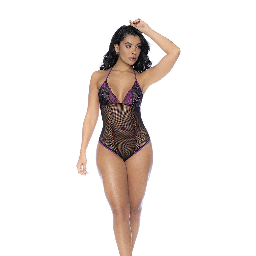 Fishnet and Lace Bodysuit Set - One Size - Black/Purple
