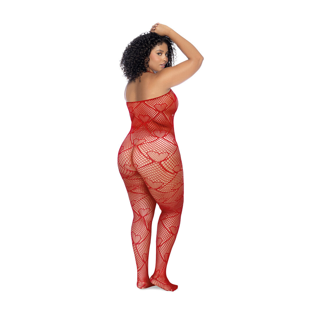 Heart Fishnet Bodystocking with Rhinestone Detail - Queen Size - Red