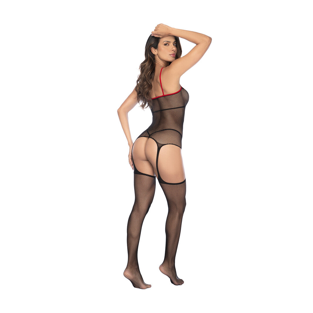 Nurse Fishnet Bodystocking with Cuffs - One Size - Black/Red