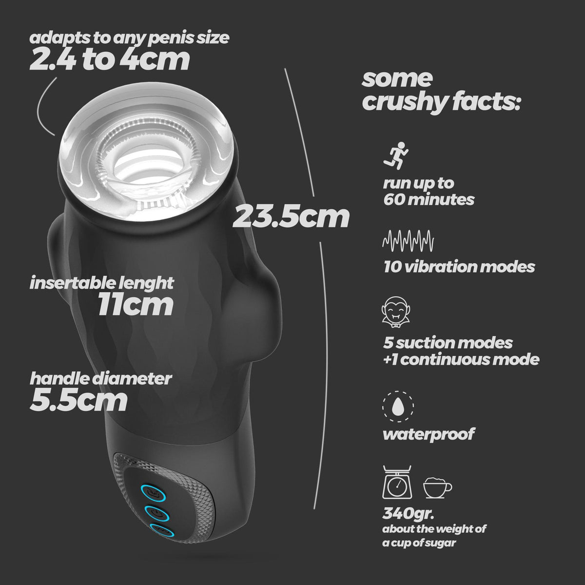 Maszturbátor Gargantua Removable 10 funkció – újratölthető, tapadókorongos, fekete | Crushious