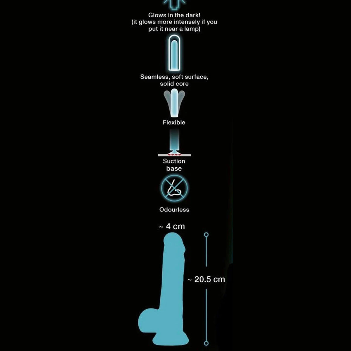Realistic dildo 20.5 cm – with suction cup, glow in the dark, clear