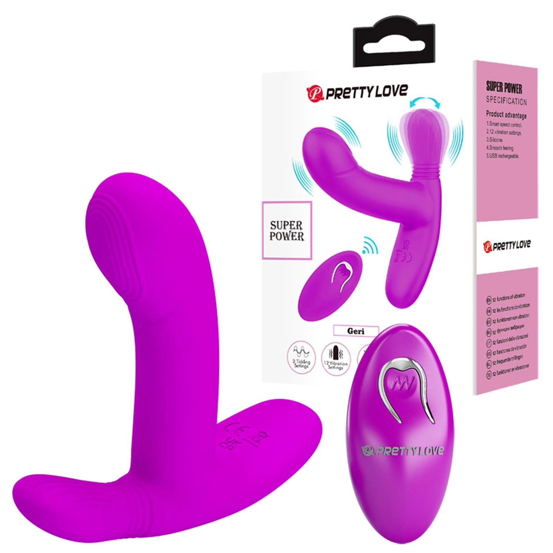 PRETTY LOVE - Geri Purple, 12 fonctions de vibration, 3 réglages de léchage, Télécommande sans fil