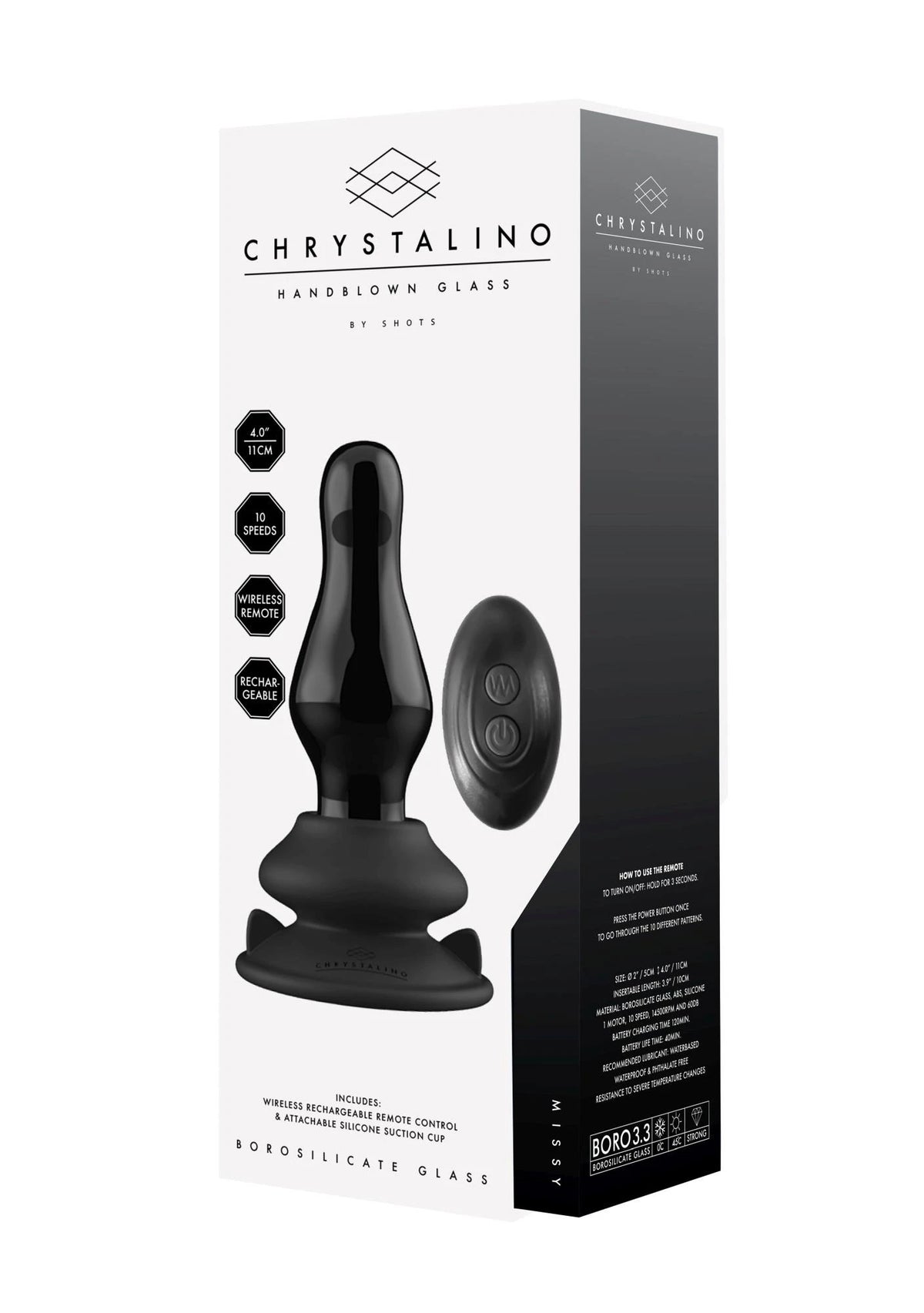 Butt plug Missy 10 functions – glass, remote control, black | Chrystalino