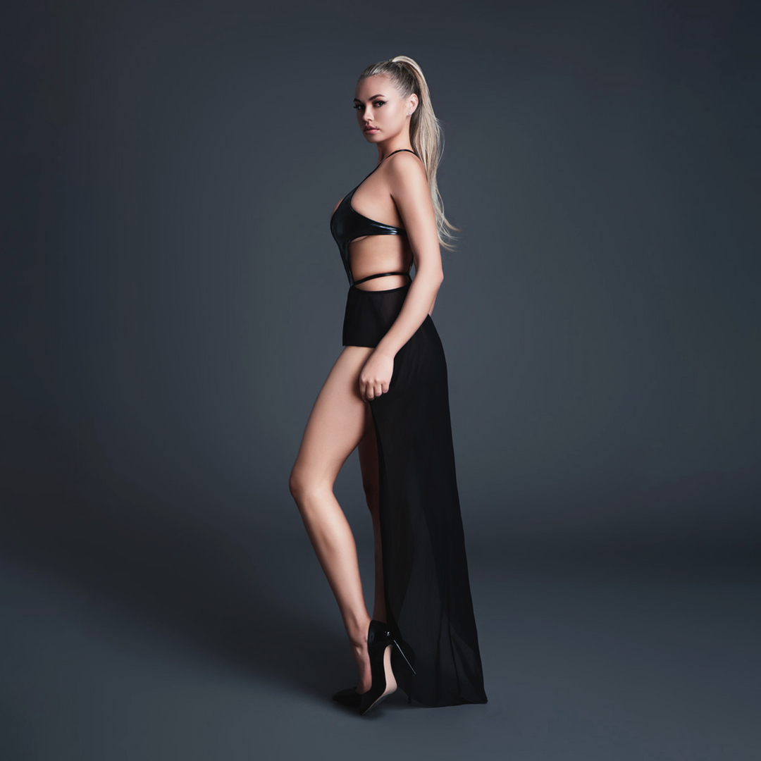 Take Me - Body en vinyle façon latex et résille avec jupe aguichante - M - Noir