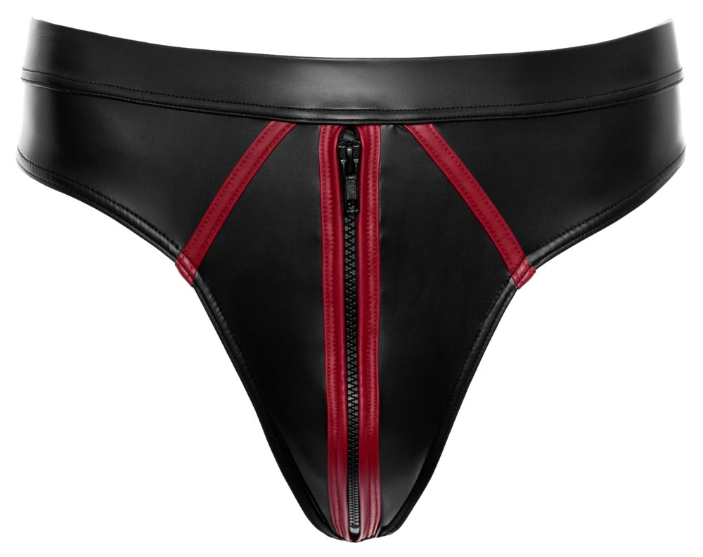 Férfi tanga – wetlook, cipzáras, fekete | Svenjoyment