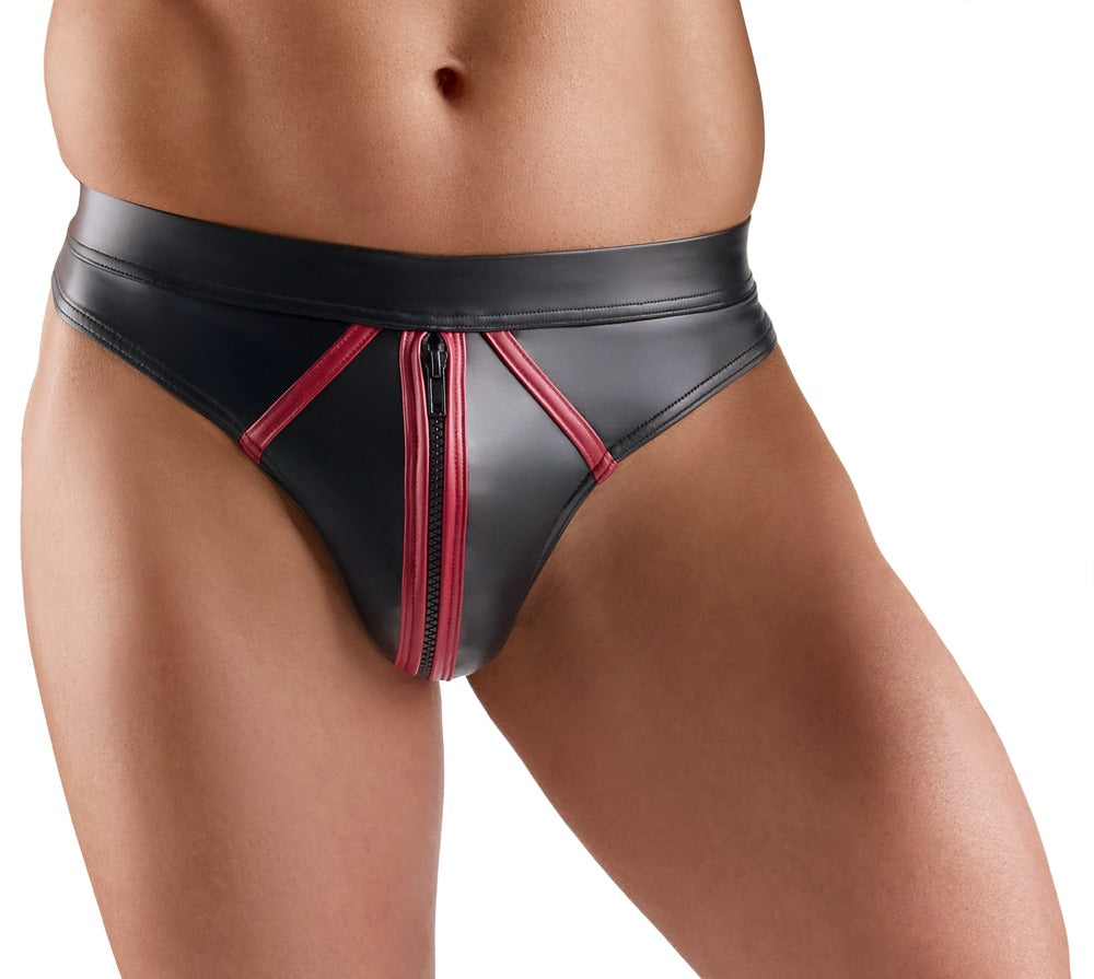 Férfi tanga – wetlook, cipzáras, fekete | Svenjoyment