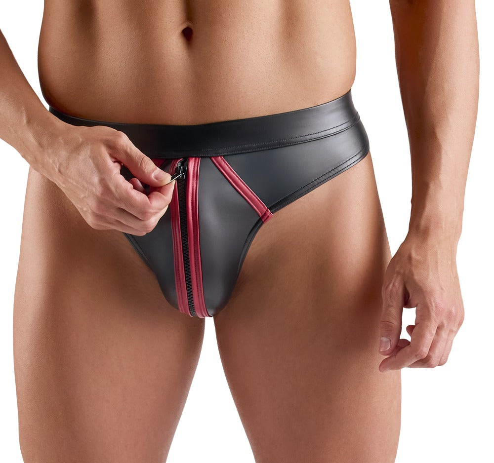 Férfi tanga – wetlook, cipzáras, fekete | Svenjoyment