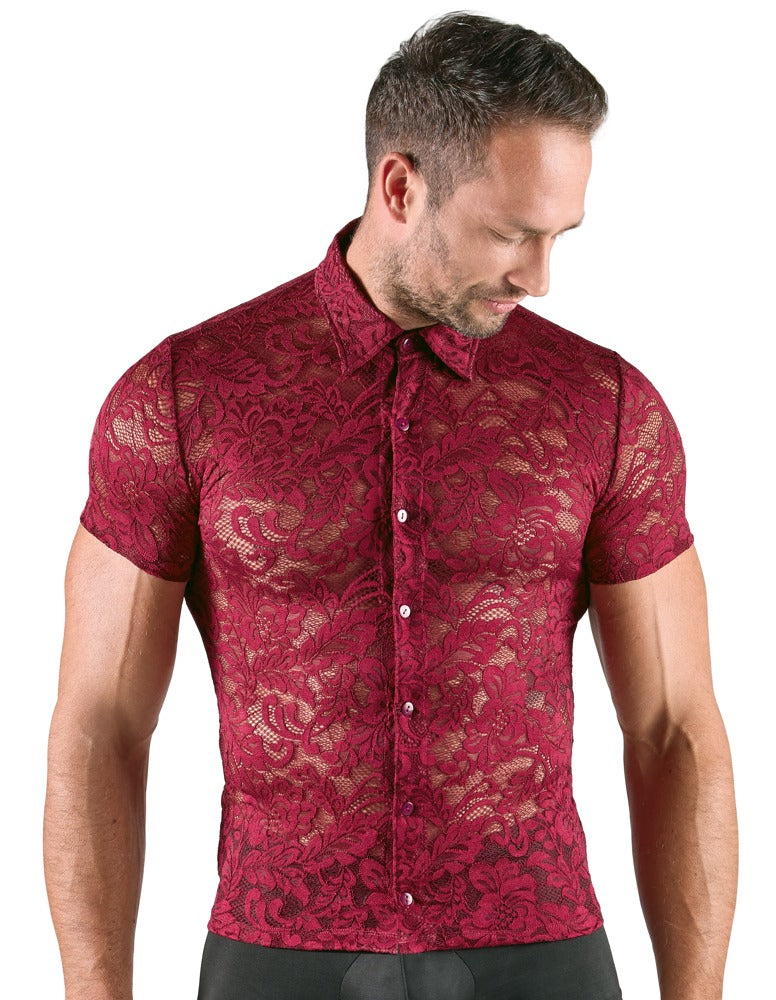 Maglietta uomo – in pizzo, floreale, rossa | Svenjoyment