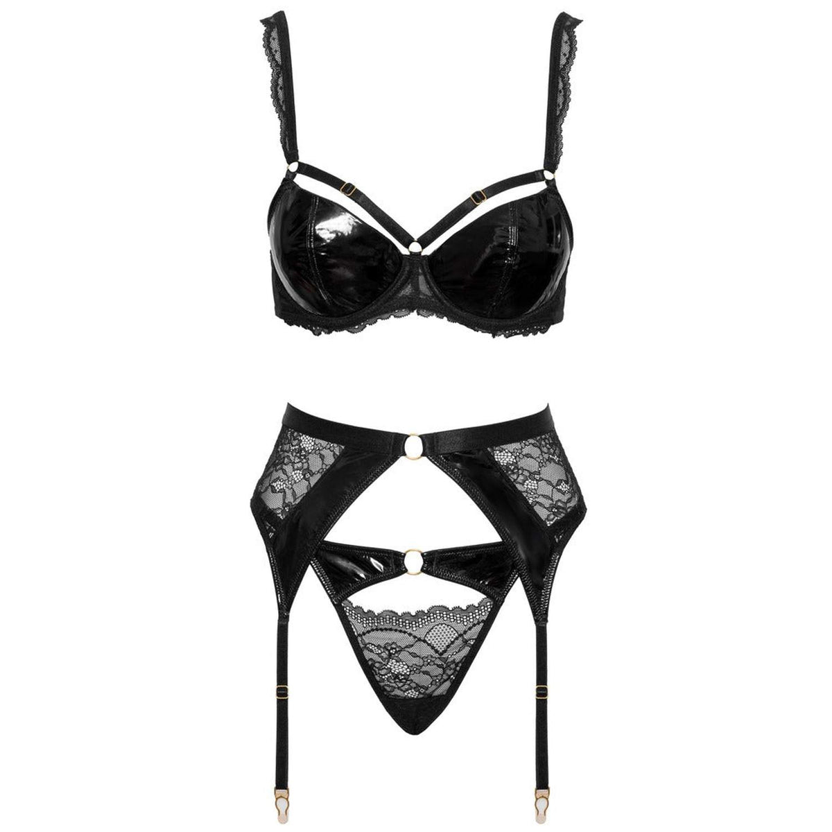 Fehérnemű szett – csipke, wetlook, fekete 22156401241 | Cottelli LINGERIE