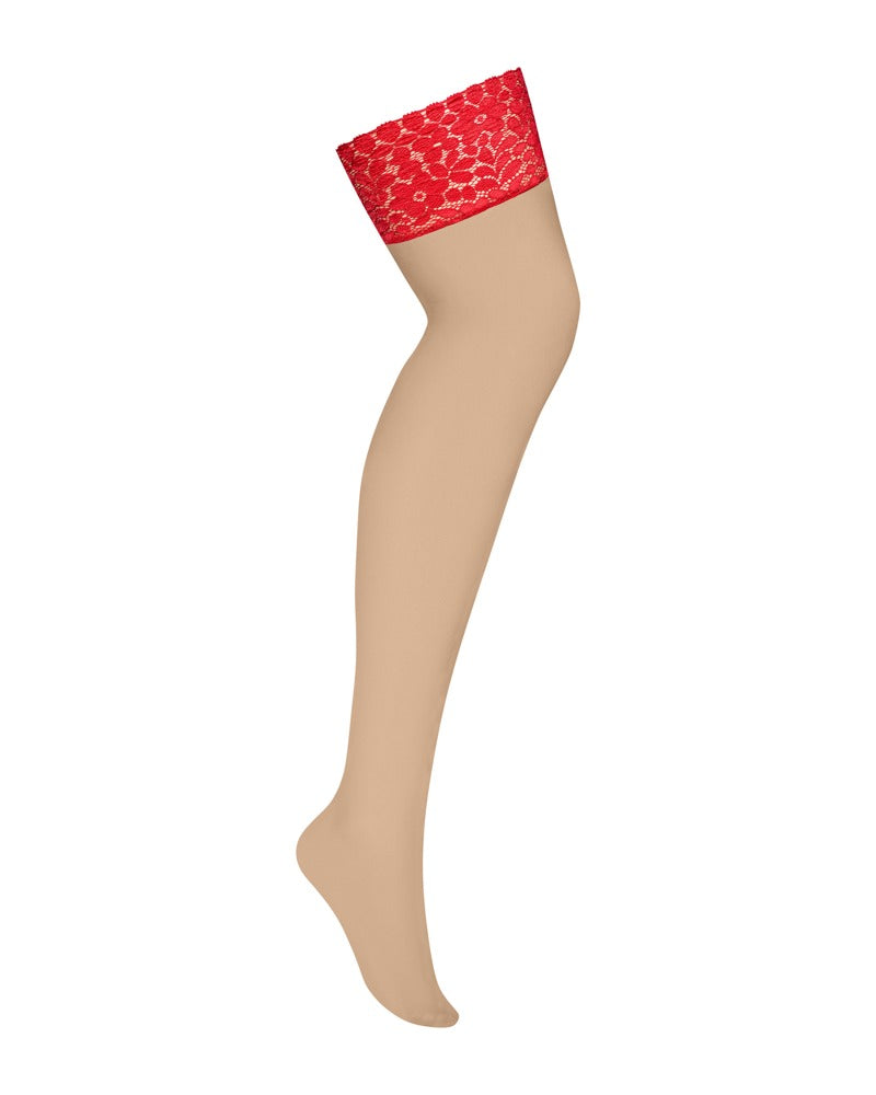 Calze Blossmina – color carne con pizzo rosso floreale | Obsessive