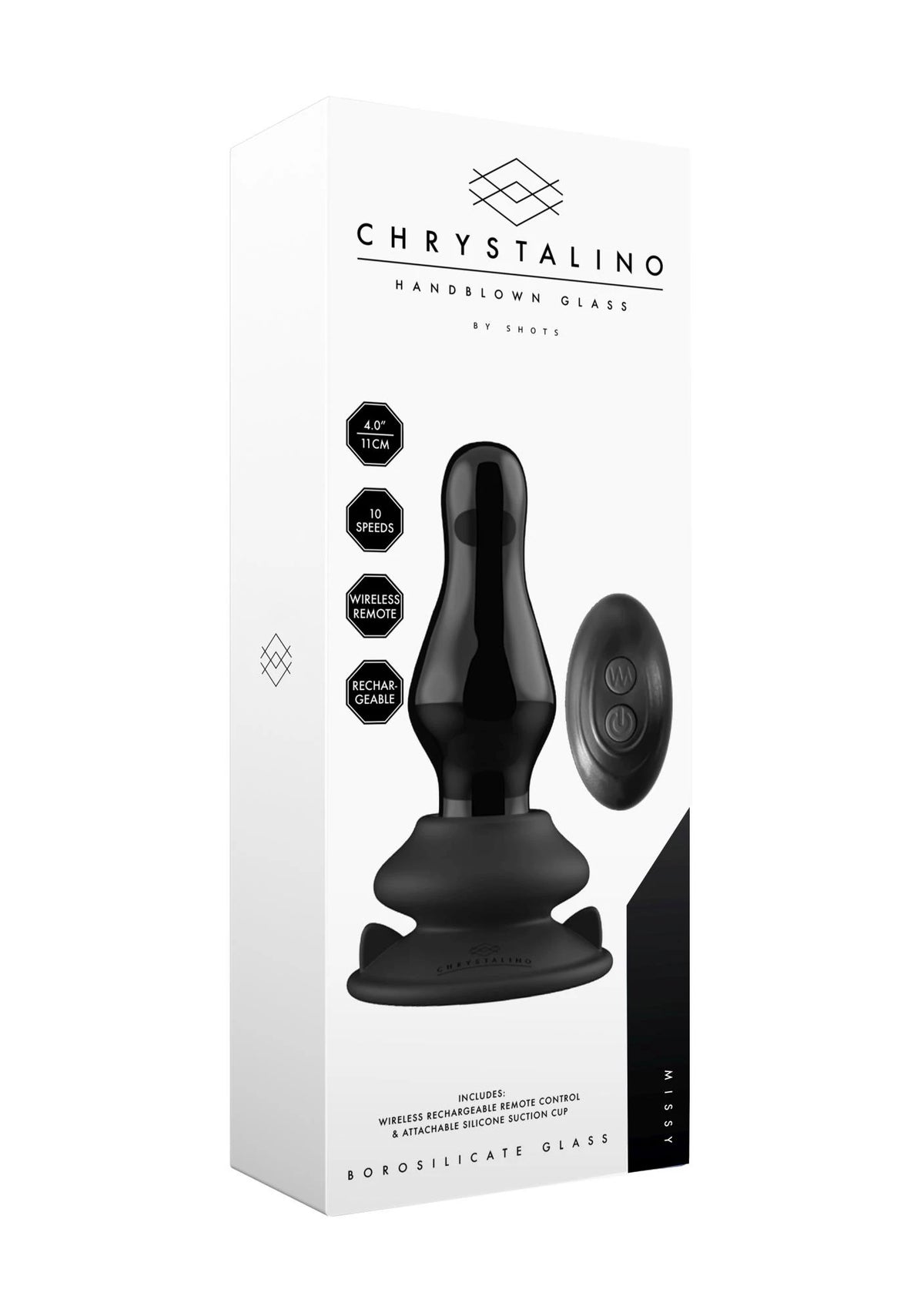 Butt plug Missy 10 functions – glass, remote control, black | Chrystalino