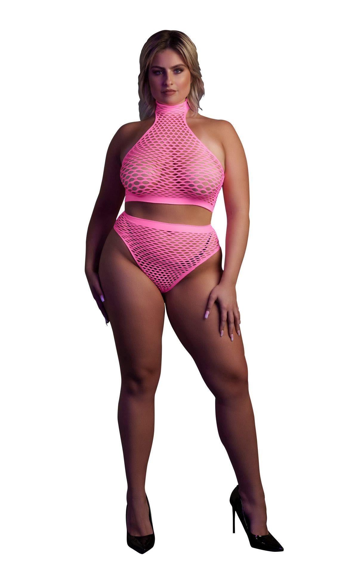 Turtle Neck and High Waist Slip - Plus Size - Neon Pink