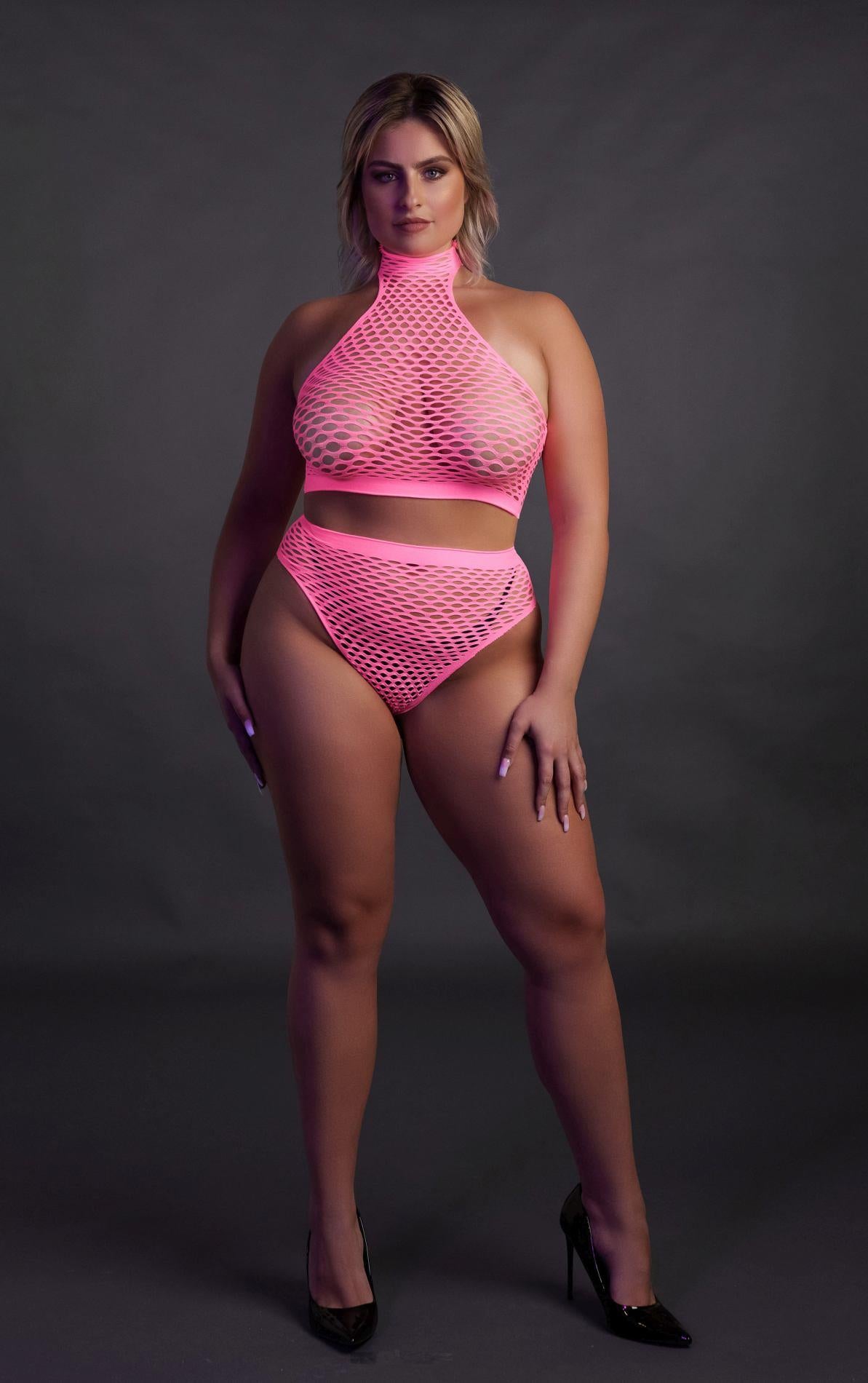 Ensemble de lingerie Turtle Neck Waist Slip – grandes tailles, rose | Ouch!