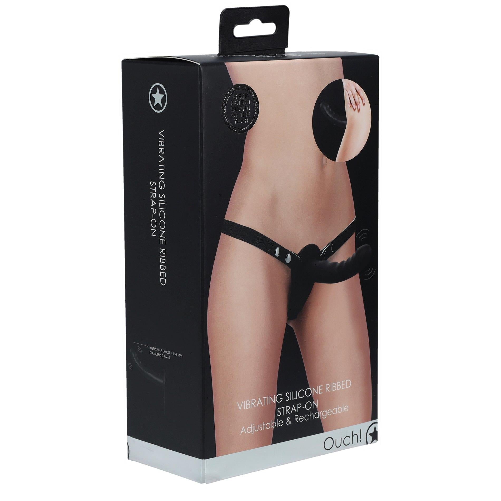 Vibrating and Rechargeable - 10 Speed Silicone Ribbed Strap-On - Adjustable - Black