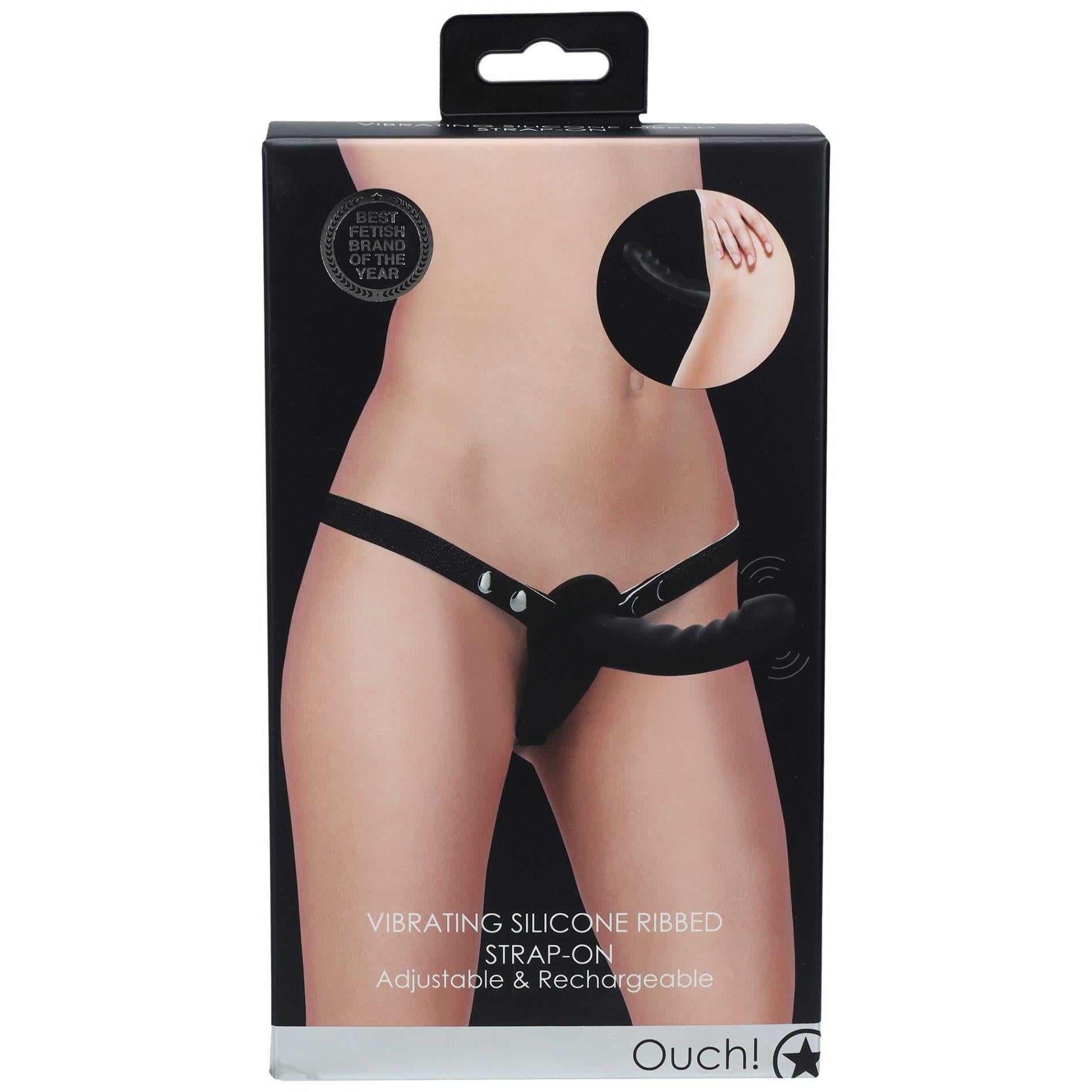 Vibrating and Rechargeable - 10 Speed Silicone Ribbed Strap-On - Adjustable - Black