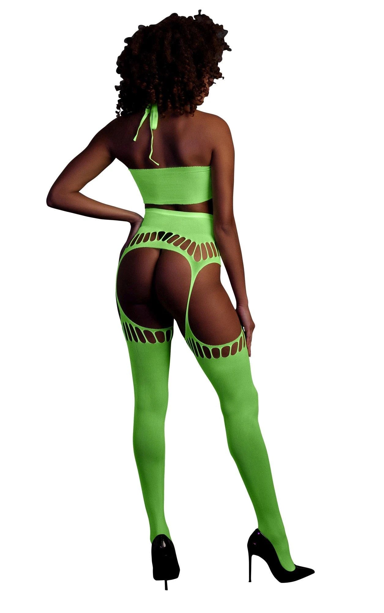 Two Piece with Crop Top and Stockings - One Size - Neon Green
