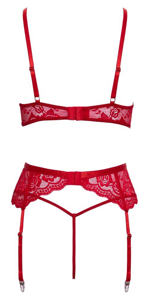 Completino X-Mas reggiseno con piume, reggicalze e perizoma – pizzo floreale, rosso | Cottelli LINGERIE
