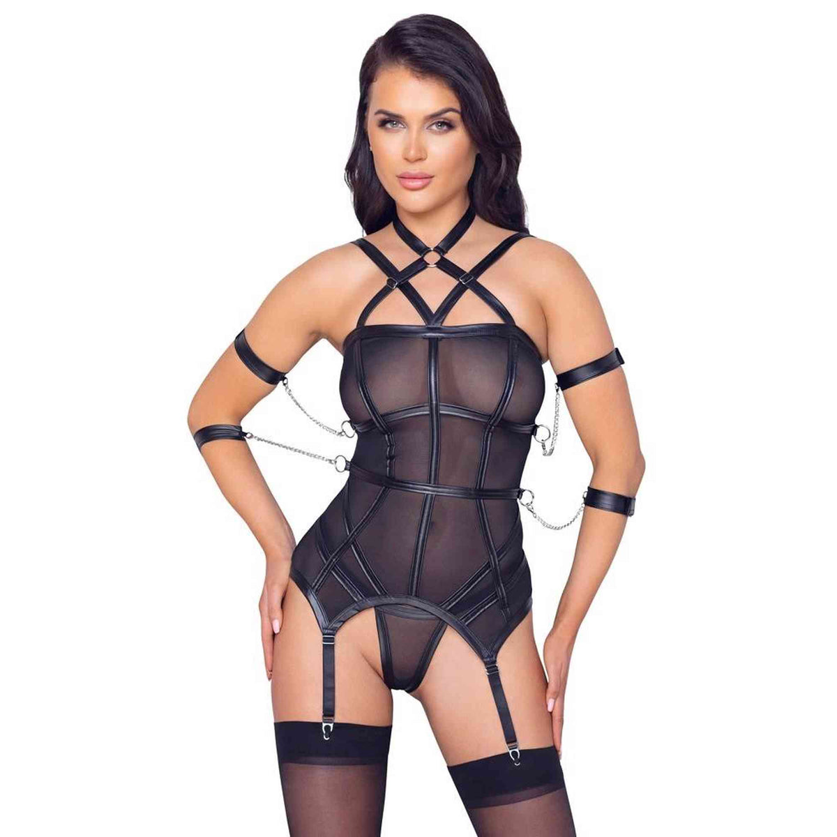 Lingerie set – halter neck, with garters, black | Cottelli BONDAGE