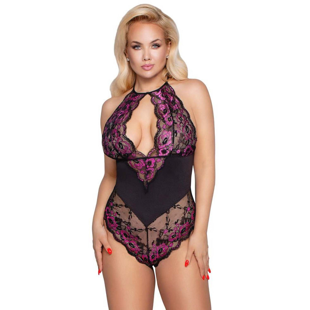 Bodysuit – lace, floral, black | Cottelli CURVES