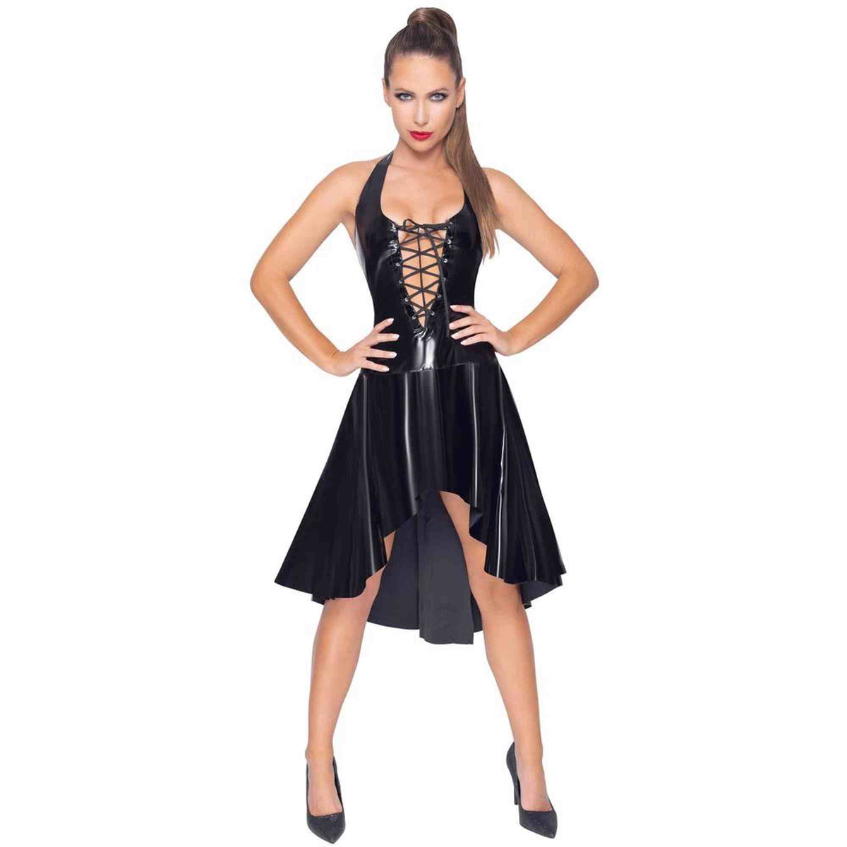 Dress – wetlook, halter neck, black 28509661062 | Black Level