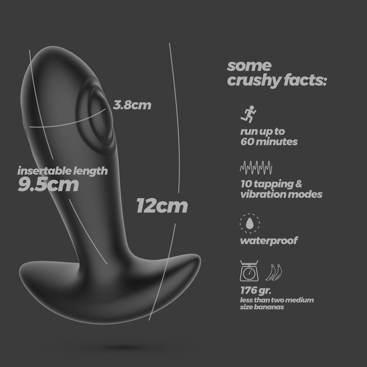 Butt plug Octo Tapping 10 functions – remote control, vibrating, black | Crushious