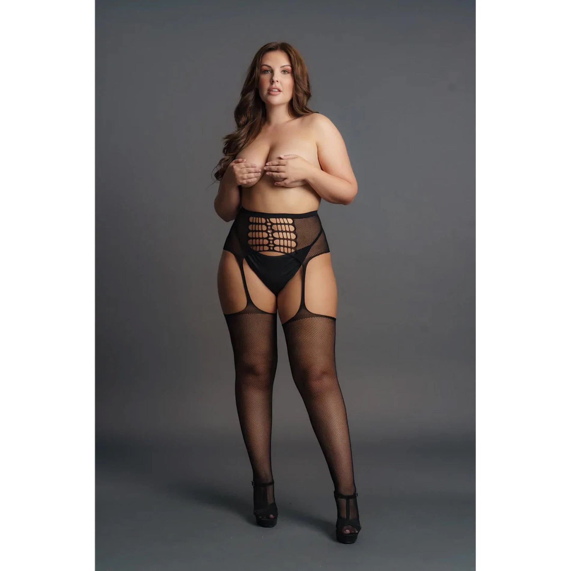 Bas autofixants taille haute avec porte-jarretelles intégrés - Grande taille