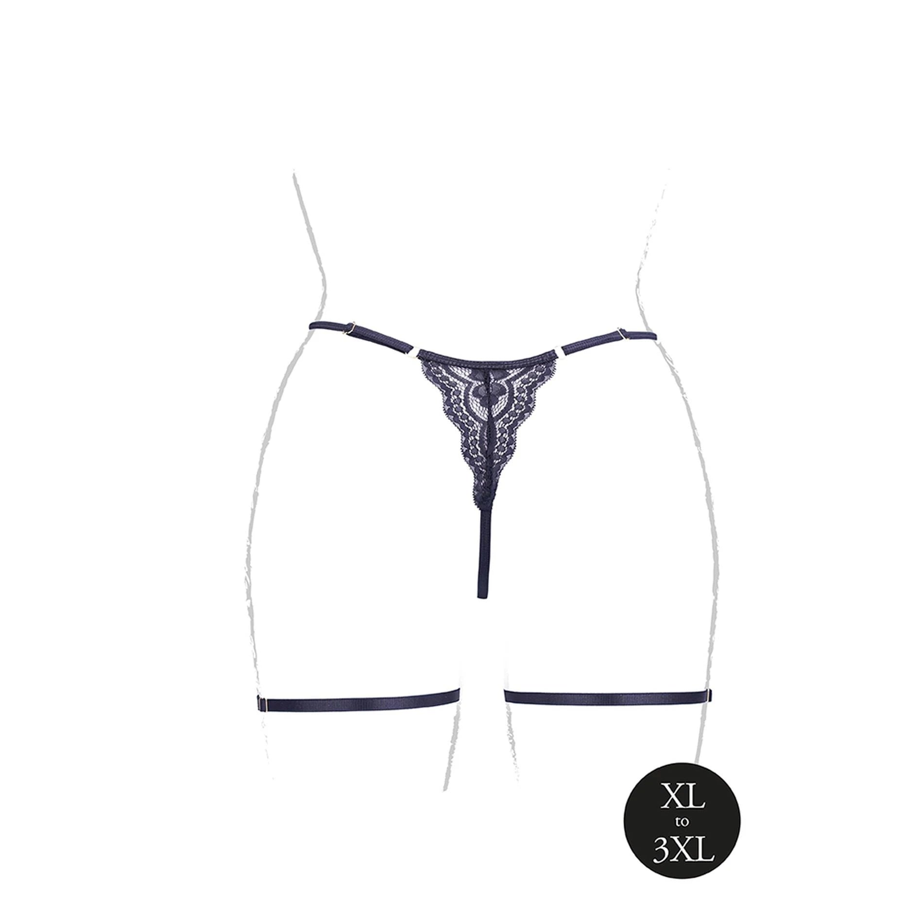 Marie - Lace Thong with Garter Adjustable Sliders and Golden Details - Queen Size - Black