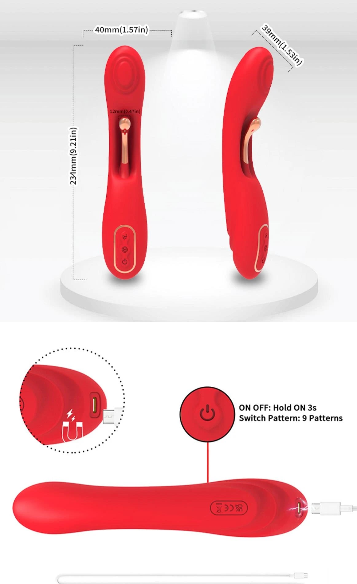 Vibratore rabbit Fishhook point 9 funzioni – ricaricabile, doppio, rosso | Favorites