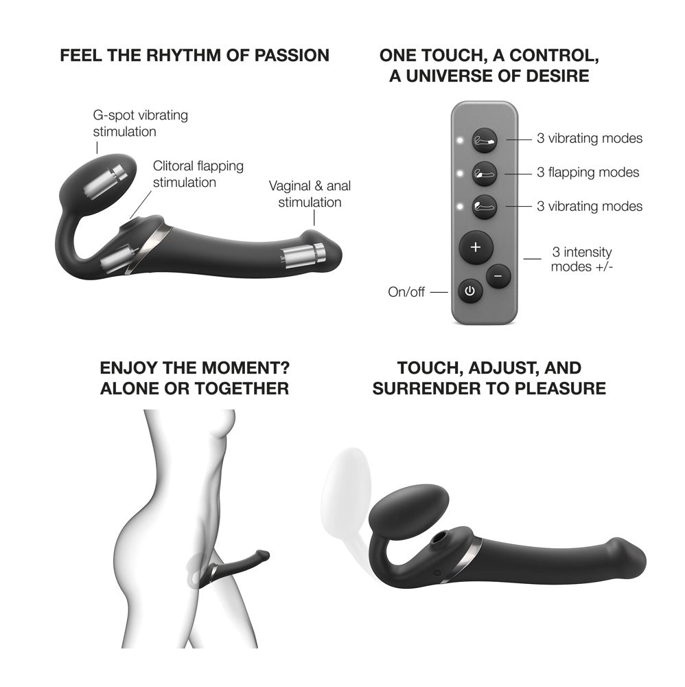 Strap-on 3 funções – com controlo remoto, vibratório, preto