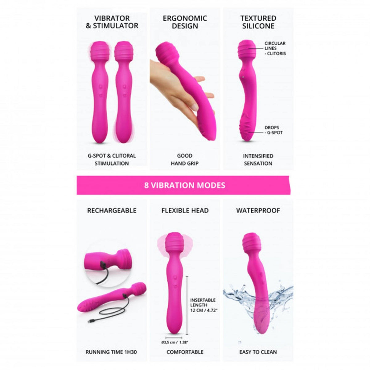 Massaggiatore wand Danger 8 funzioni – ricaricabile, fucsia | Love to Love