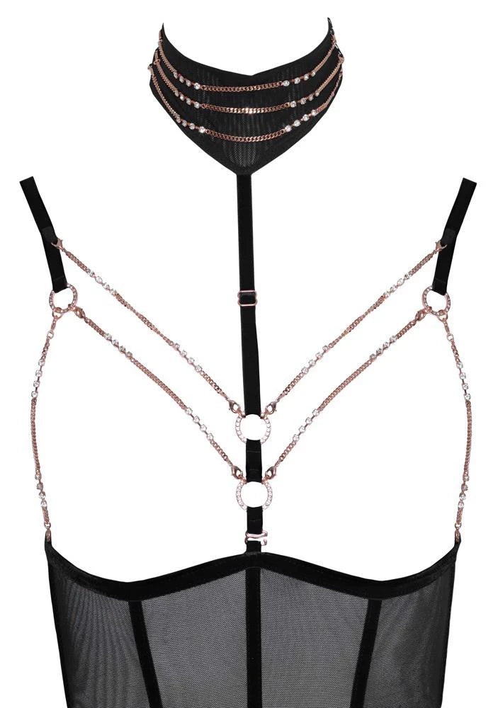 Body – ouvert, mit Strapsen, schwarz | Abierta Fina