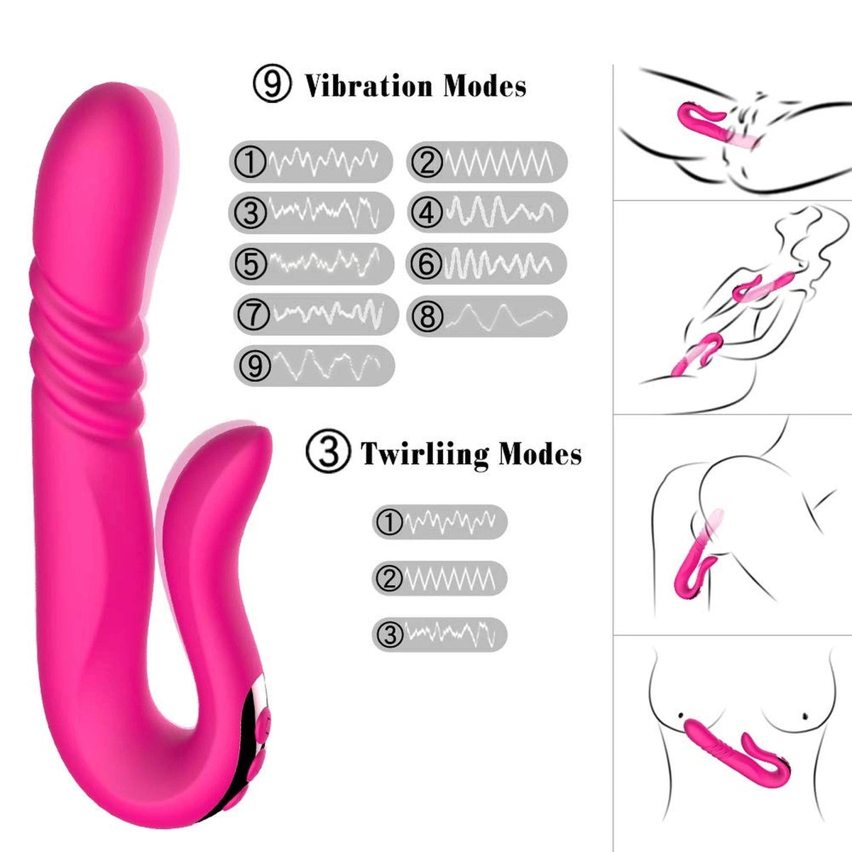Vibromasseur rabbit Twirling Thruster 3 vitesses – rechargeable, chauffant, fuchsia | Favorites