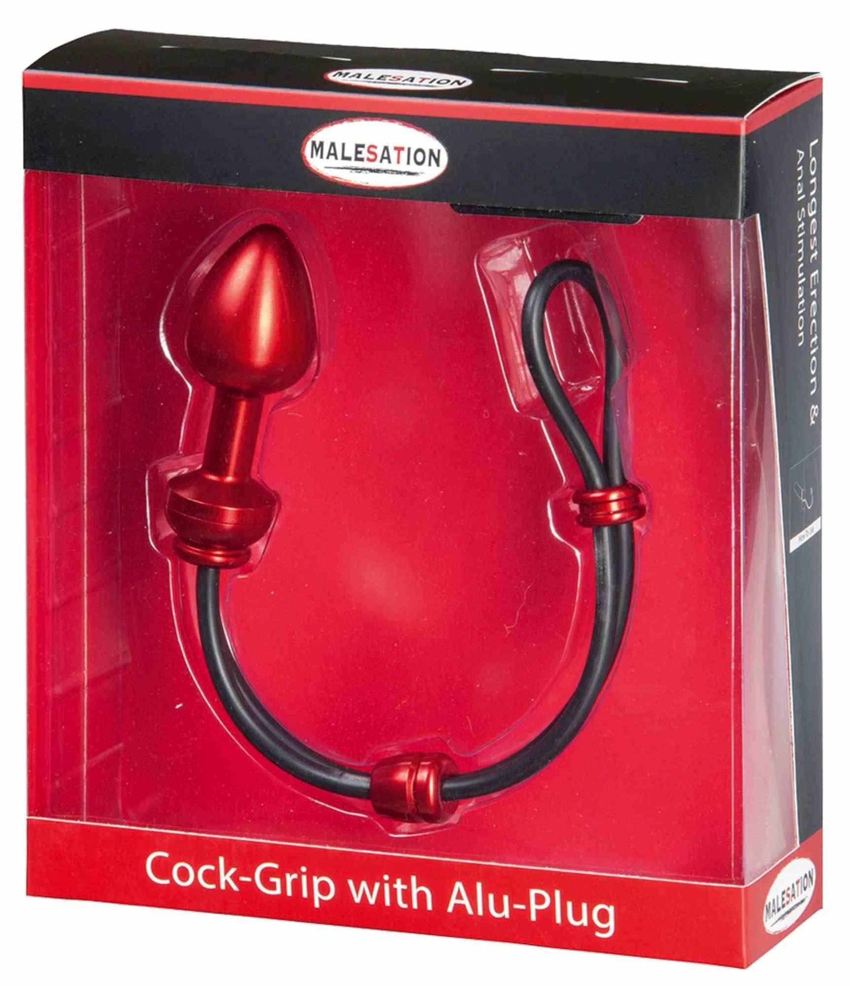 MALESATION Cock-Grip avec bouchon anal en aluminium, grand, rouge