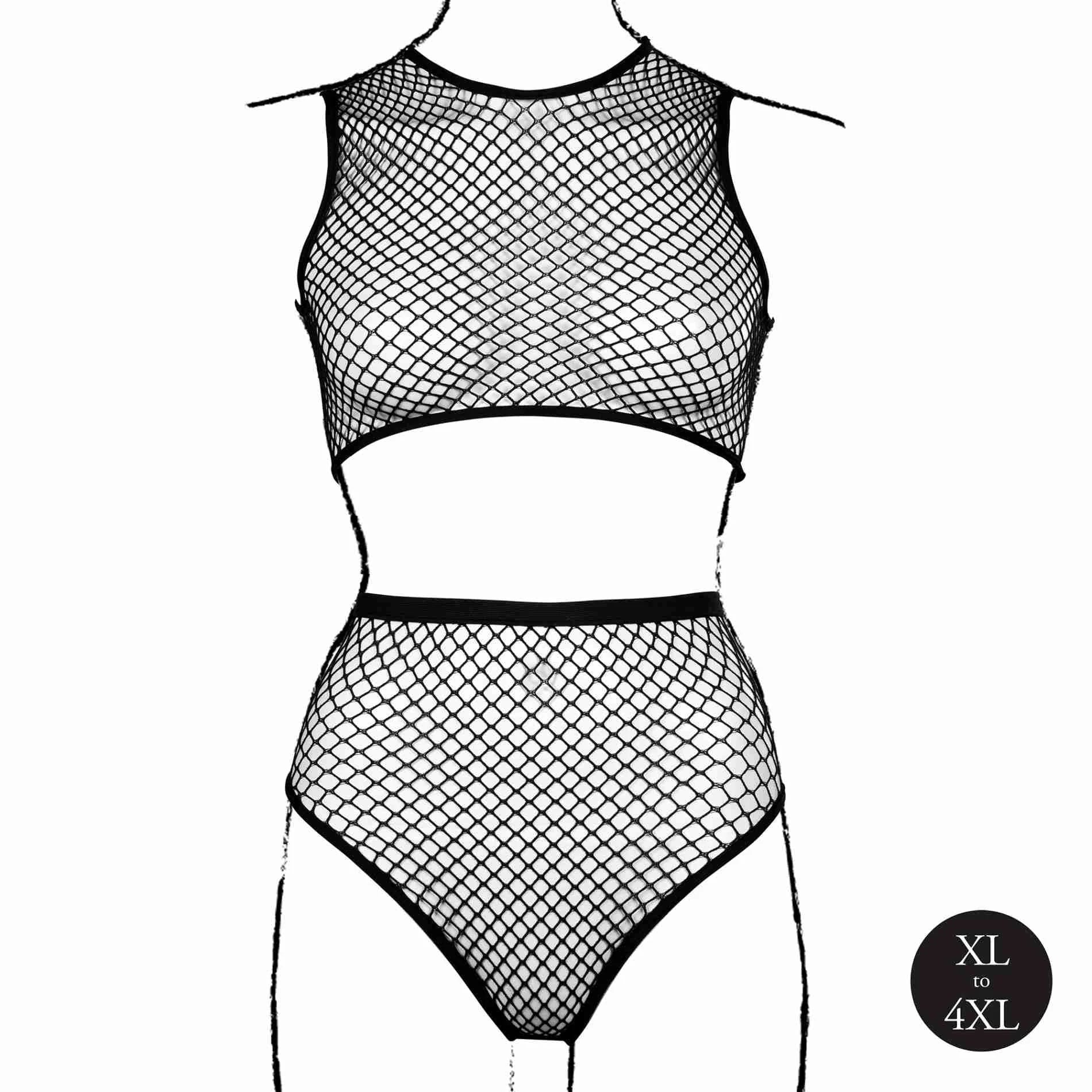 2 Pc Crop Top - Pantie and Fishnet Structure - Queen Size - Black