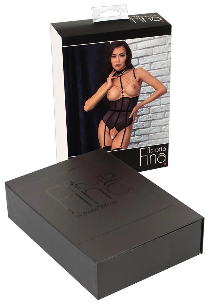 Body – ouvert, mit Strapsen, schwarz | Abierta Fina