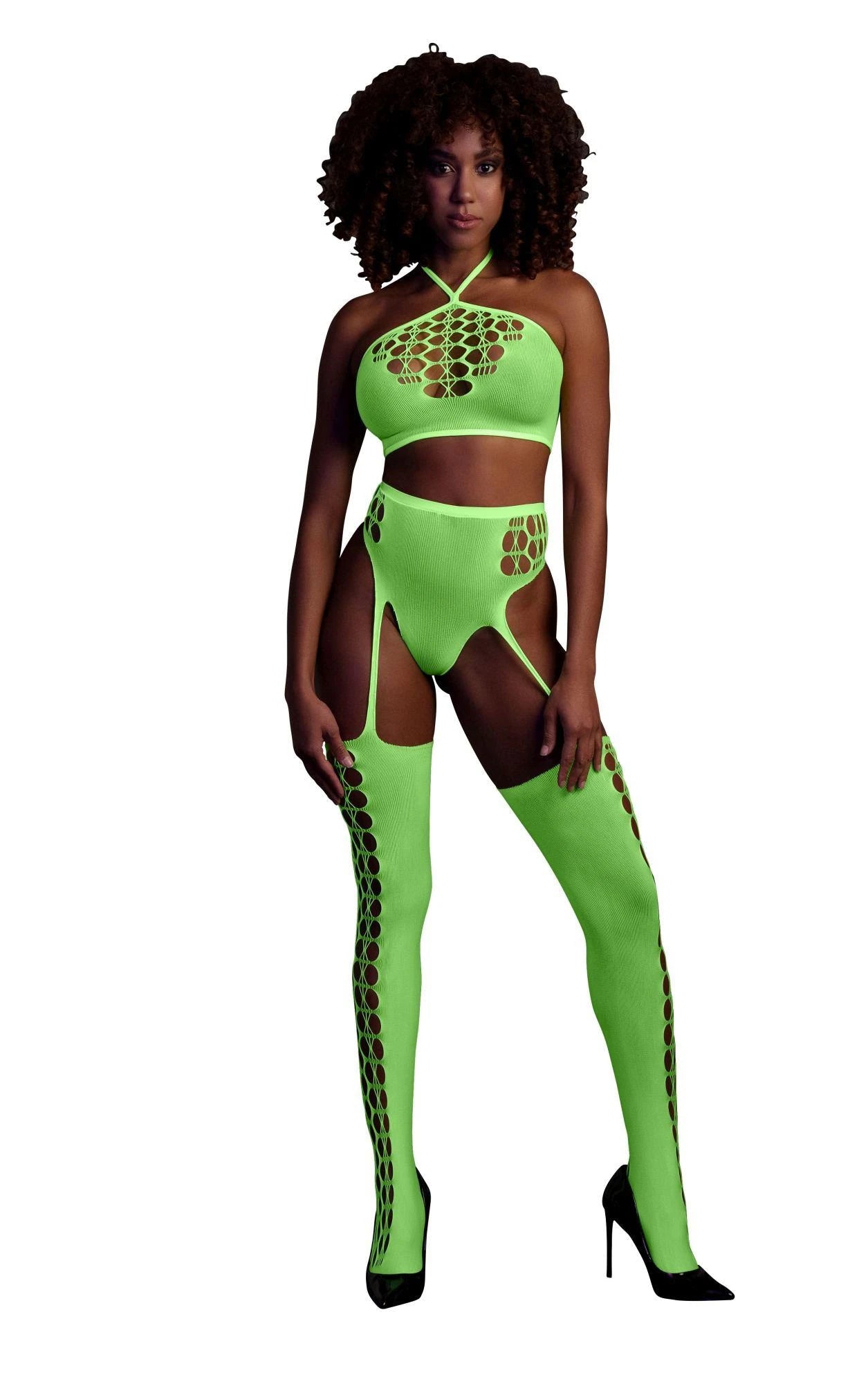 Two Piece with Crop Top and Stockings - One Size - Neon Green