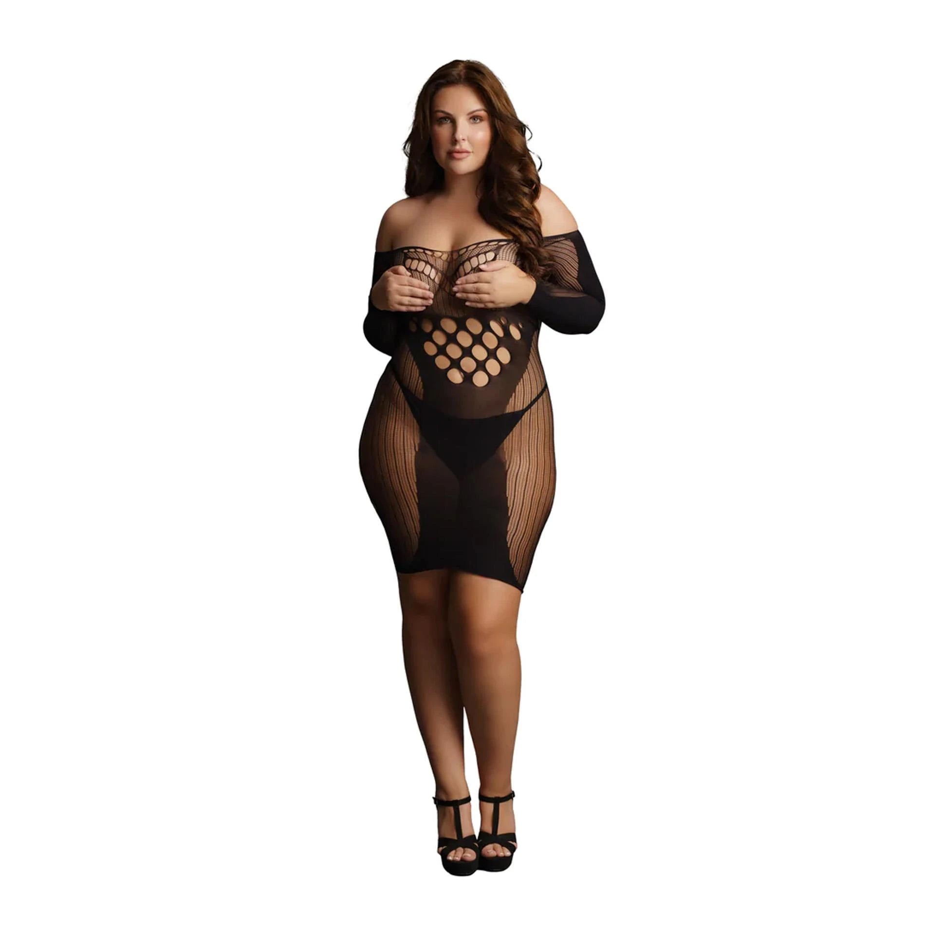 Contrast Net Long Sleeved Mini Dress - Queen Size - Black