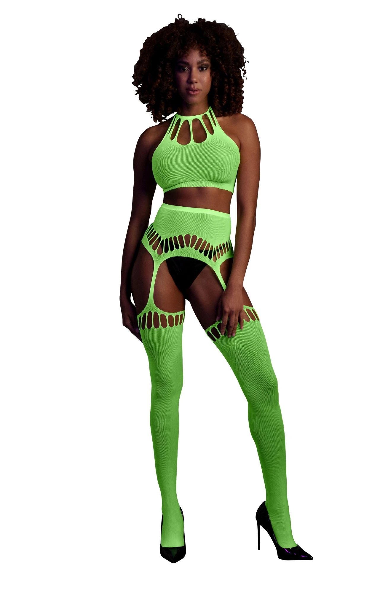 Two Piece with Crop Top and Stockings - One Size - Neon Green