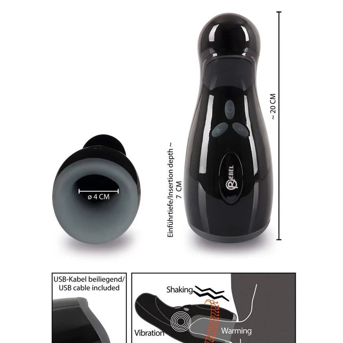 Masturbator 3 functions – rechargeable, black 20 cm | Rebel
