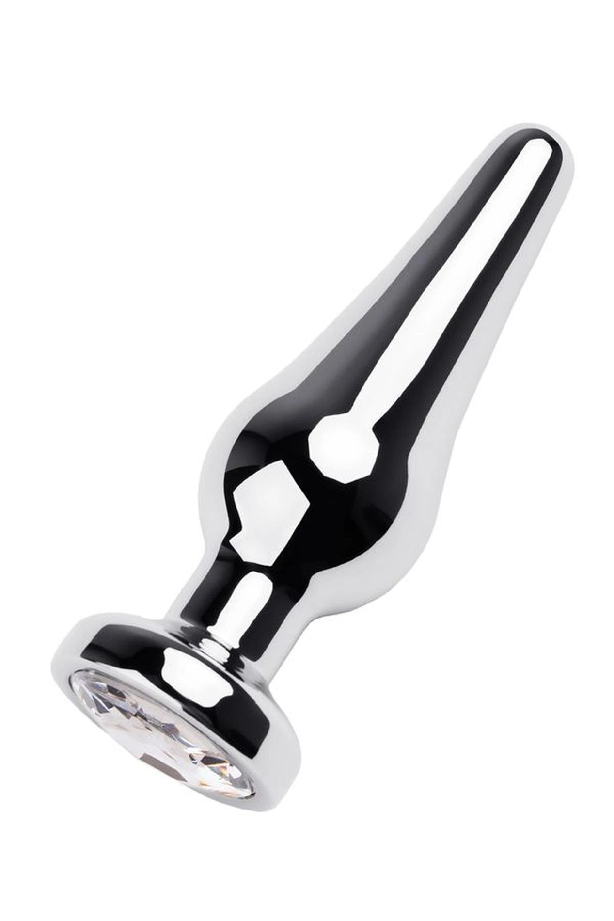 TOYFA Metal silver anal plug with white round-shaped gem, length 9 cm, diameter 1.5-4 cm, weight 205 gr