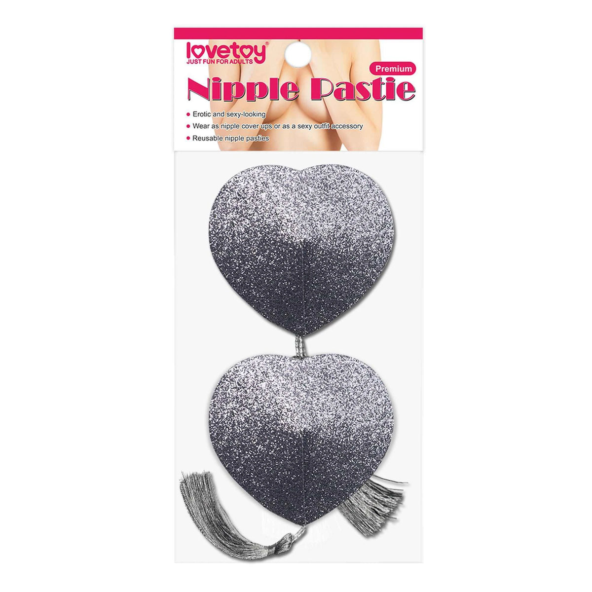 Peça fetish Reusable Glitter Heart Tassel – vibratória, prateada | Lovetoy
