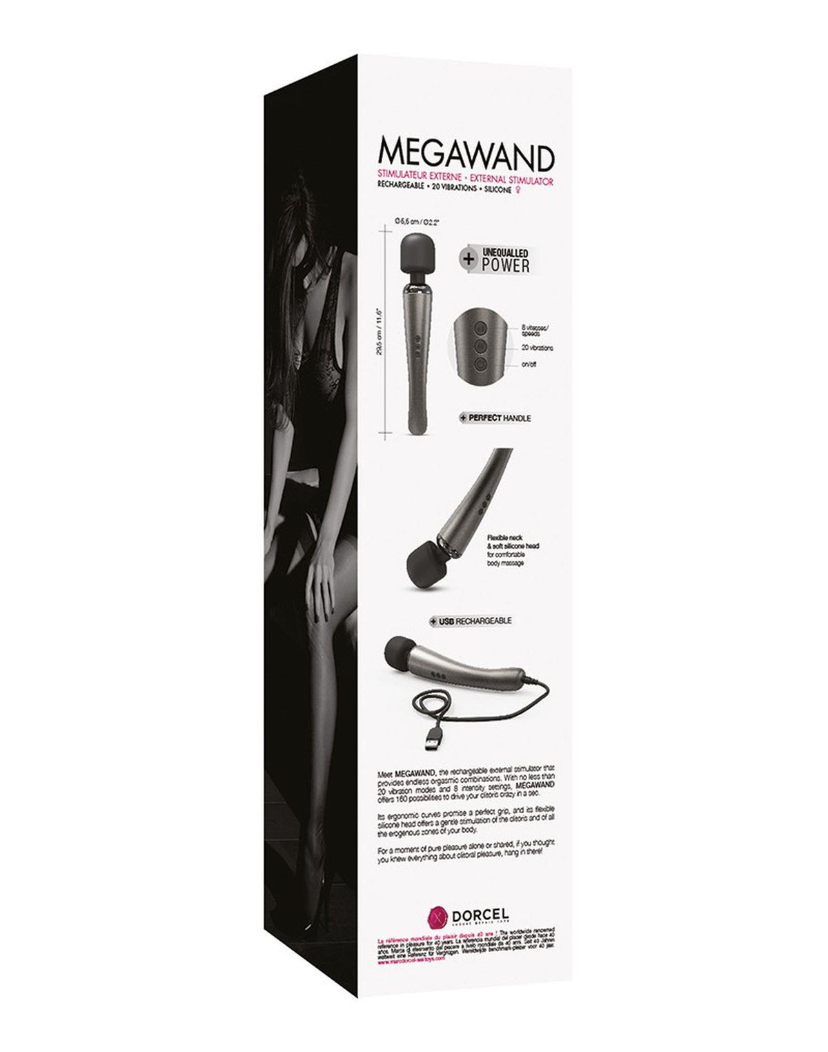 Massaggiatore wand Megawand Chrome 20 funzioni – ricaricabile, argento | Dorcel