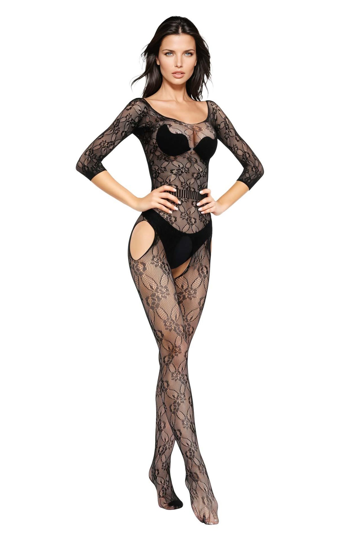 Catsuit – in rete, floreale, nero 89-5590603210 | SoftLine Collection