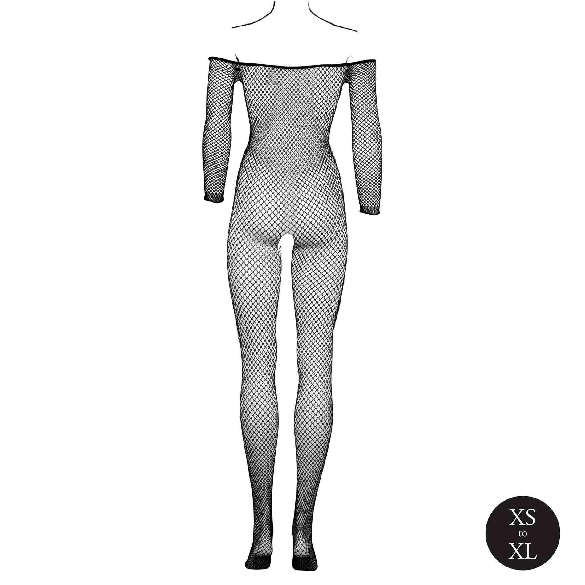 Bodystocking avec décolleté épaules dénudées, structure en résille et entrejambe ouvert.
