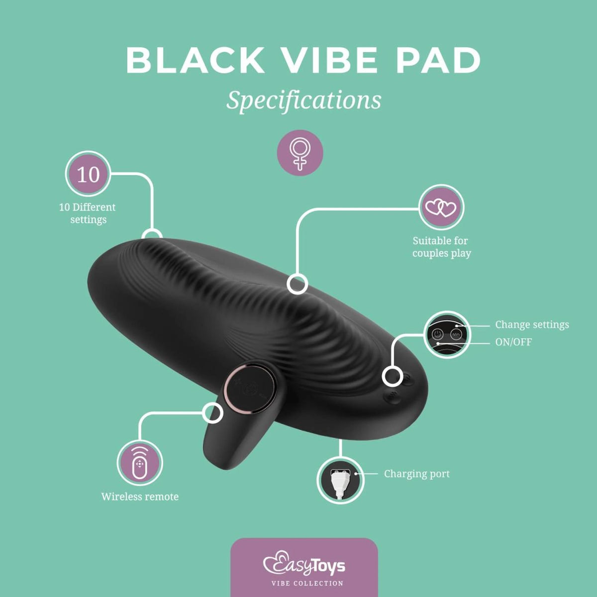 Massajador wand Pad 10 funções – com controlo remoto, recarregável, preto | EasyToys