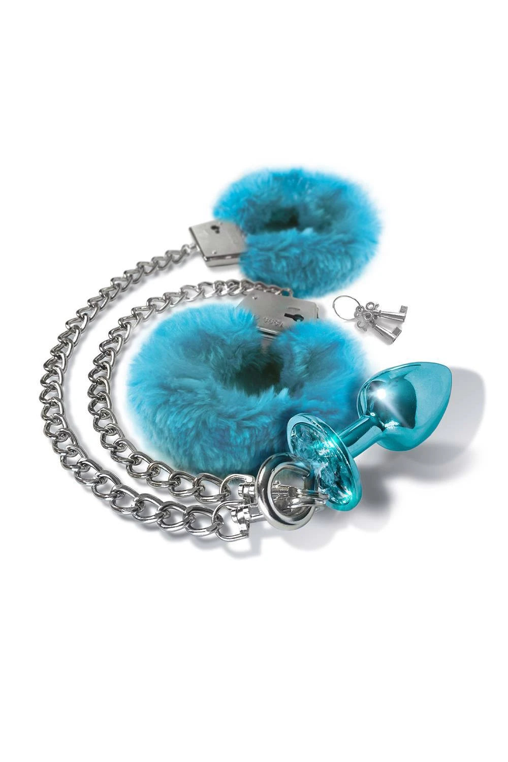 NIXIE METAL BUTT PLUG & FURRY HANDCUFF SET, MEDIUM, BLUE METALLIC