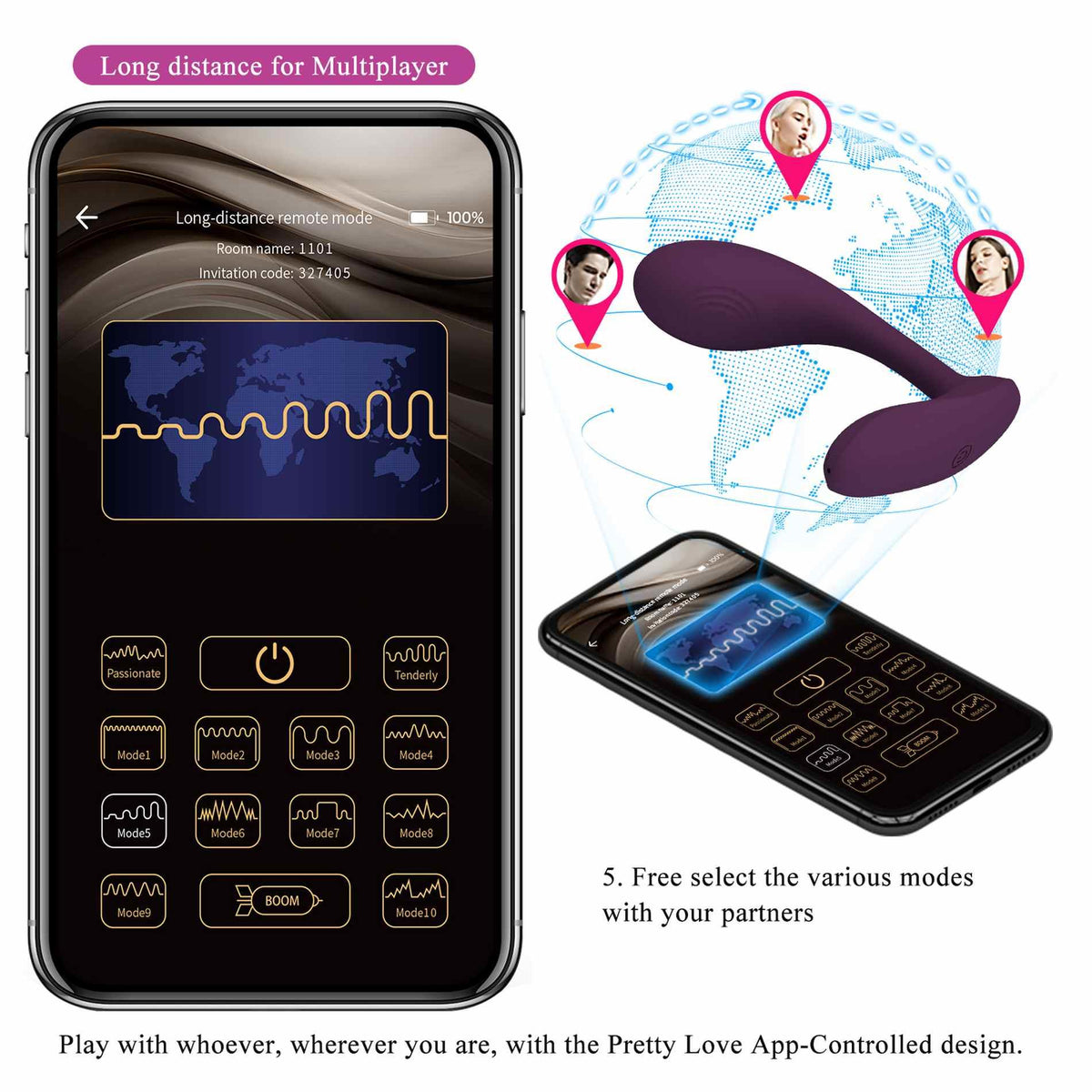 Vibromasseur spécial Baird Mobile distance 12 fonctions – contrôlé par appli, rechargeable, prune | Pretty Love